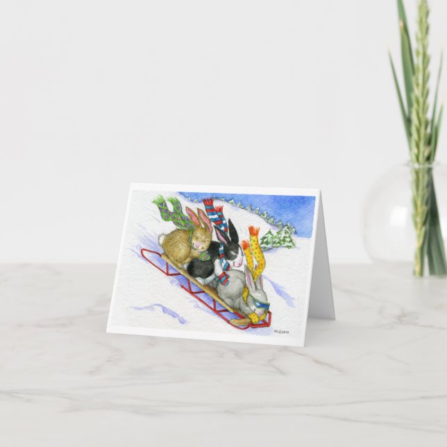 Cartes Pour Fêtes Annuelles Lapins Sledding (Devant)