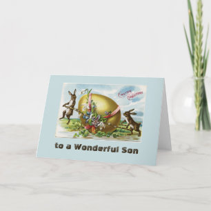 Cartes Pour Fêtes Annuelles Lapins vintages et Son Oeuf de Pâques Bleu