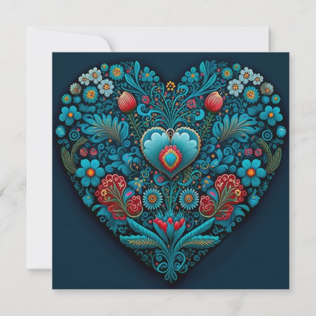 Cartes Pour Fêtes Annuelles L'art populaire ukrainien - Coeur inspiré en bleu (Devant)