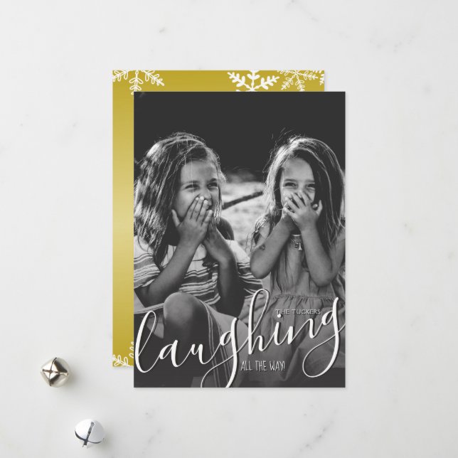 Cartes Pour Fêtes Annuelles Laughing All Way Snowflakes Gold Photo (Devant/Arrière en situation)