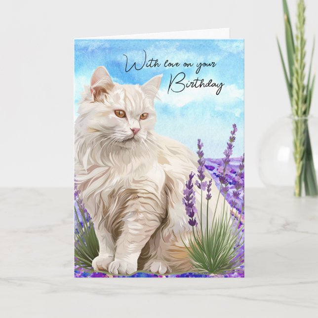 Cartes Pour Fêtes Annuelles Lavande De Chat Blanc Avec Amour Anniversaire (Devant)