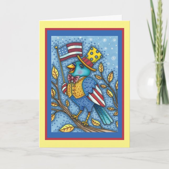 CARTES POUR FÊTES ANNUELLES LE 4 JUILLET, TWEET DE BLUEBIRD, DRAPEAU AMÉRICAIN (Devant)