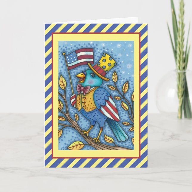 CARTES POUR FÊTES ANNUELLES LE 4 JUILLET, TWEET DE BLUEBIRD, DRAPEAU AMÉRICAIN (Devant)