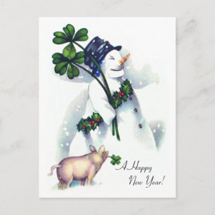Cartes Pour Fêtes Annuelles Le bonhomme de neige du Nouvel An avec un cochon c