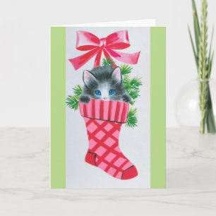 Cartes Pour Fêtes Annuelles Le chaton de Noël vintage le plus doux dans un bas