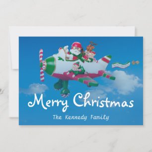 Cartes Pour Fêtes Annuelles Le Père Noël avec des elfes dans l'avion