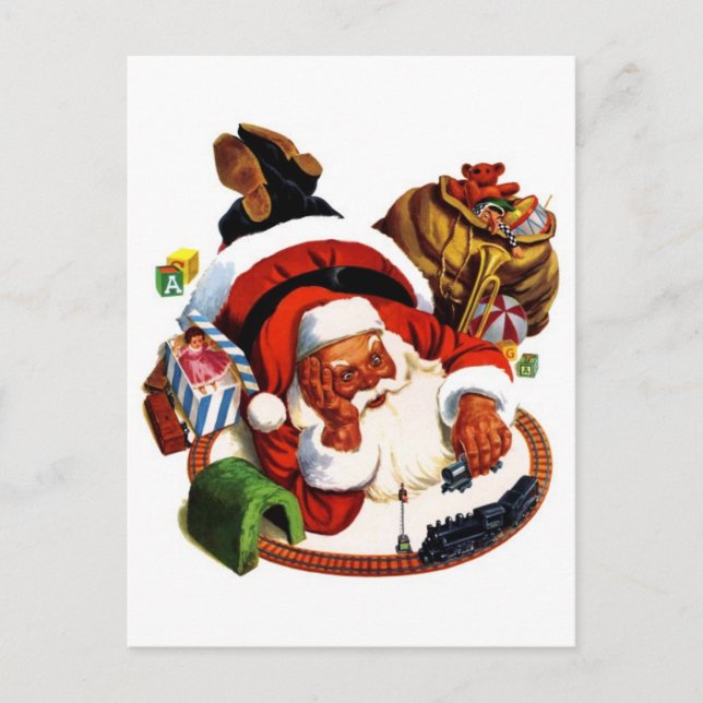 Cartes Pour Fêtes Annuelles Le Père Noël Joue Avec Les Trains (Devant)