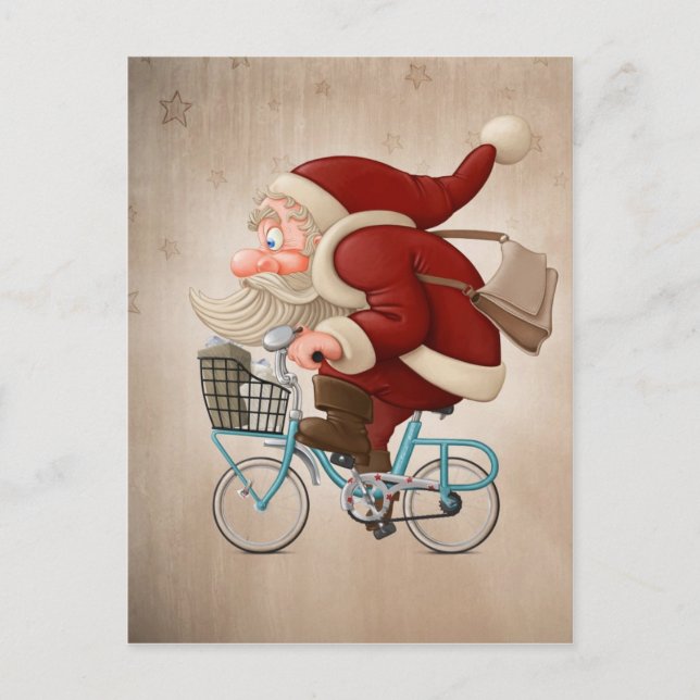 Cartes Pour Fêtes Annuelles Le père noël monte la bicyclette (Devant)