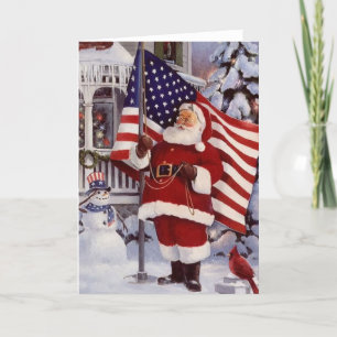 Cartes Pour Fêtes Annuelles Le Père Noël tient le drapeau américain