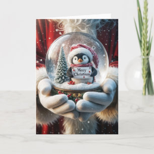 Cartes Pour Fêtes Annuelles Le Père Noël tient un pingouin Globe de neige