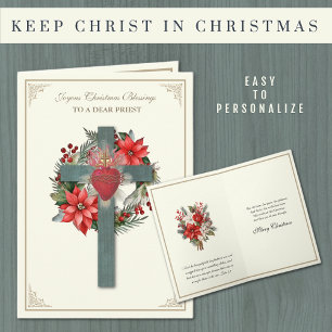 Cartes Pour Fêtes Annuelles Le prêtre catholique Poinsettia Croix Coeur de Jés
