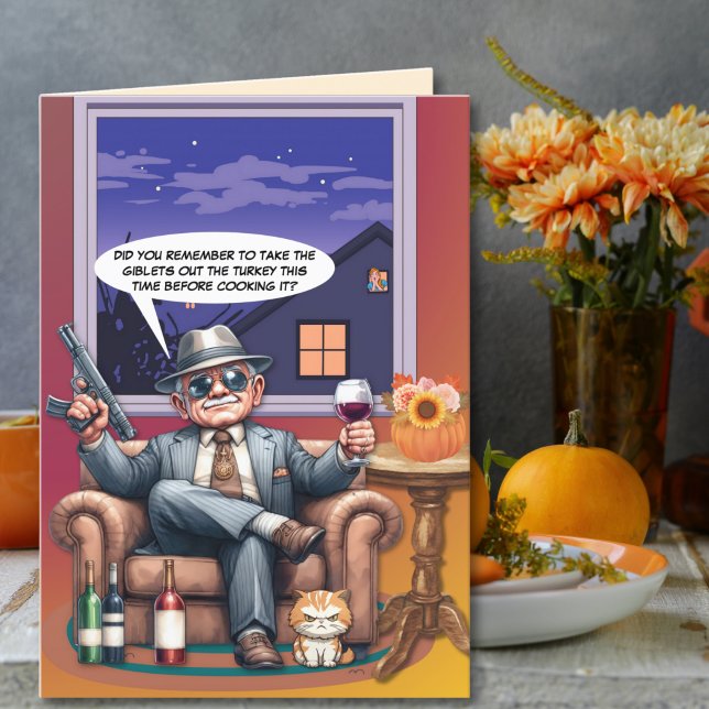 Cartes Pour Fêtes Annuelles Leçon de Thanksgiving de Gangster Grand-père (A hilarious grandpa reminds everyone to prep the turkey—gangster style!)