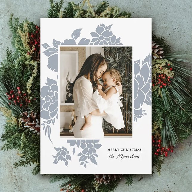Cartes Pour Fêtes Annuelles Légère découpe florale | Dusty Blue Photo Christma (Créateur téléchargé)