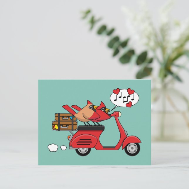 Cartes Pour Fêtes Annuelles Les amoureux du Cardinal Rouge sur Scooter (Debout devant)