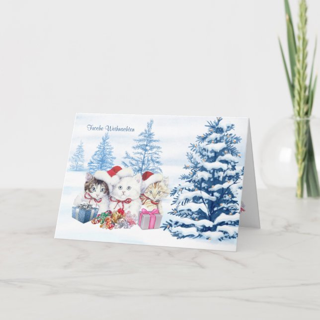 Cartes Pour Fêtes Annuelles Les chatons de Père Noël, arbres, présente Noël (Devant)