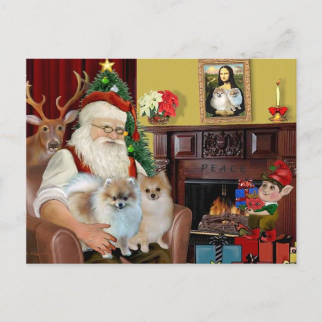 Cartes Pour Fêtes Annuelles Les deux Poméraniens de père Noël (Devant)