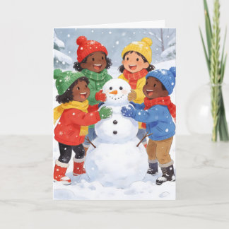Cartes Pour Fêtes Annuelles Les enfants construisent un bonhomme de neige