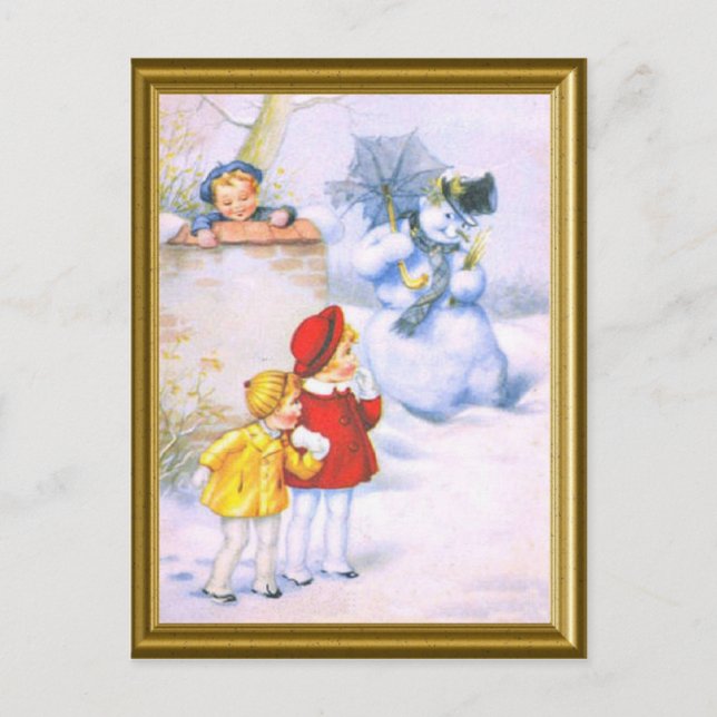 Cartes Pour Fêtes Annuelles Les enfants REtro et le bonhomme de neige (Devant)