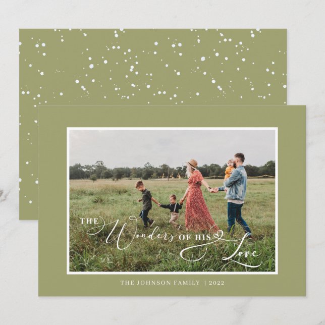 Cartes Pour Fêtes Annuelles Les merveilles de son amour Script photo vert (Devant / Derrière)