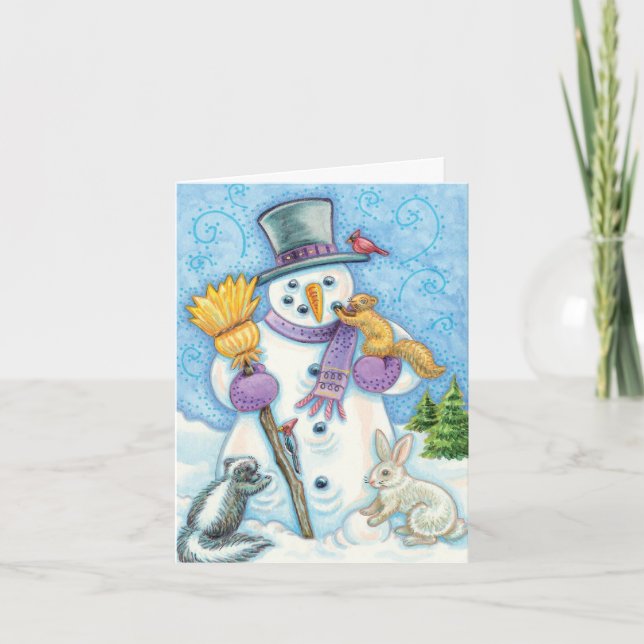Cartes Pour Fêtes Annuelles Les mignons animaux construire un bonhomme de neig (Devant)
