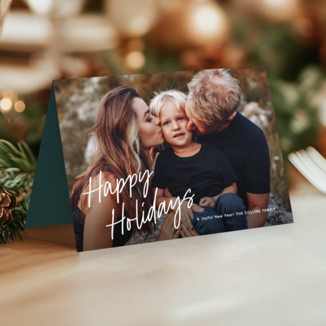 Cartes Pour Fêtes Annuelles Lettre calligraphiée moderne 3 Photo (Simple Handwritten Happy Holidays 3 Photo Holiday  Cards.)