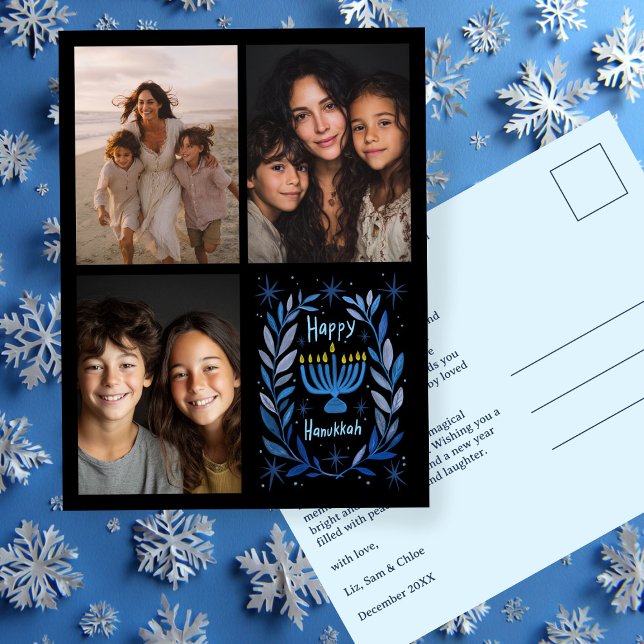 Cartes Pour Fêtes Annuelles LETTRE PHOTO HEUREUSE HANOUKKA CUSTOM 3 Dessinée À (HAPPY HANUKKAH Hand-Drawn CUSTOM 3 PHOTO Collage Holiday Postcard
)