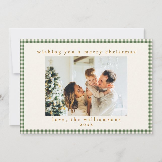 Cartes Pour Fêtes Annuelles Lettre photo personnalisée En vichy verte Noël (Devant)