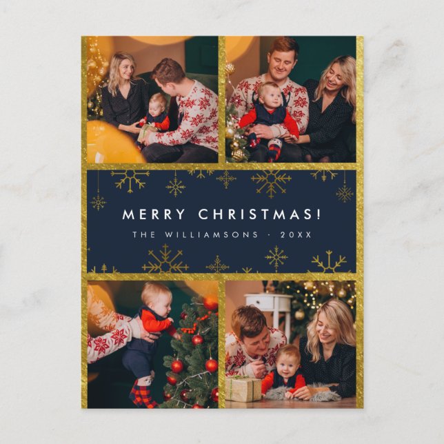 Cartes Pour Fêtes Annuelles Lettres modernes et flocons d'or Joyeux Noël (Devant)