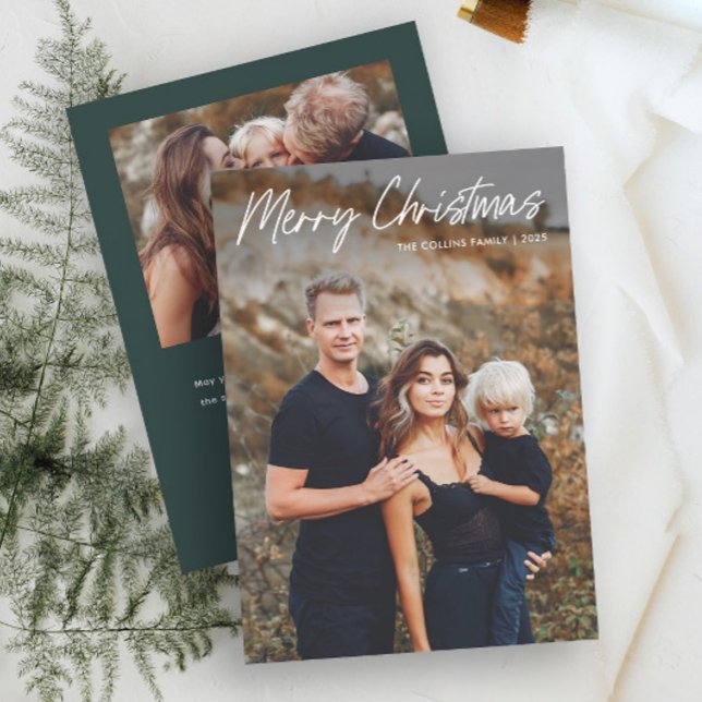 Cartes Pour Fêtes Annuelles Lettres modernes Joyeux Noël 2 Photo (Simple Hand Lettered 2 Photo Christmas Holiday Card.)