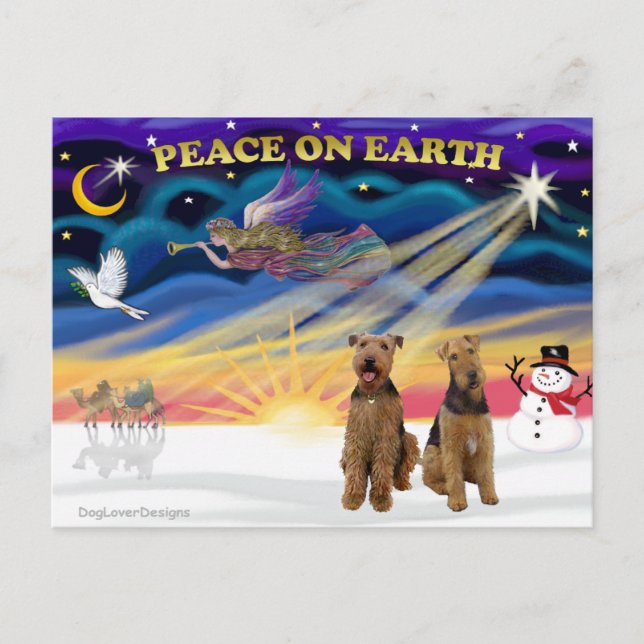 Cartes Pour Fêtes Annuelles Lever de soleil de Noël - Deux Airedales (Devant)