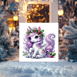 Cartes Pour Fêtes Annuelles Licorne de neige lavande avec brins de houx