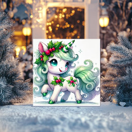 Cartes Pour Fêtes Annuelles Licorne Vert Menthe avec Couronne de Houx
