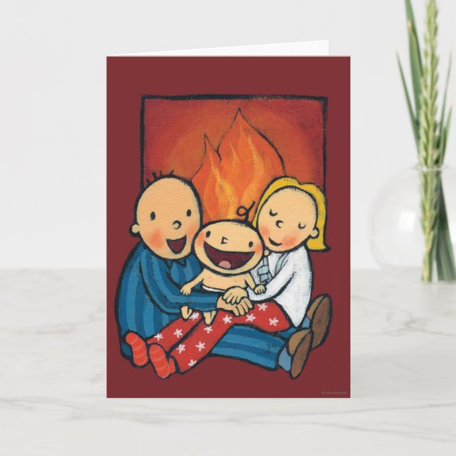 Cartes Pour Fêtes Annuelles Lieu de vacances : Famille devant la cheminée (Devant)