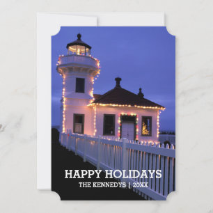 Cartes Pour Fêtes Annuelles Lighthouse at night with Christmas Lights