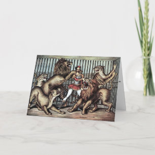 Cartes Pour Fêtes Annuelles Lion Tamer En Cage Avec Poster Lions Circus
