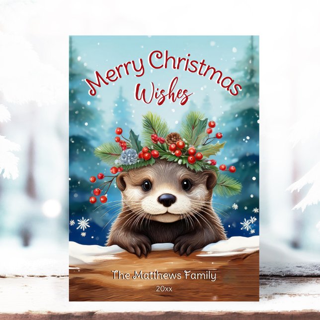 Cartes Pour Fêtes Annuelles Little Otter Peeking Holly & Pine Joyeux Noël (Adorable Winter Snowy Scene With Peeking Dogs or Farm/Woodland Animals - Over 50 to Choose From!)
