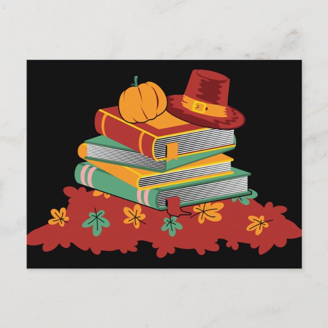Cartes Pour Fêtes Annuelles Livre Lover Thanksgiving Citrouille Feuilles (Devant)