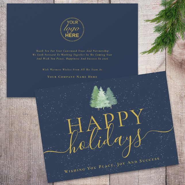 Cartes Pour Fêtes Annuelles Logo Arbres Festifs Modernes Marine Blue Gold Busi (Modern watercolor snowy christmas trees logo happy holidays navy blue & gold business holiday card)