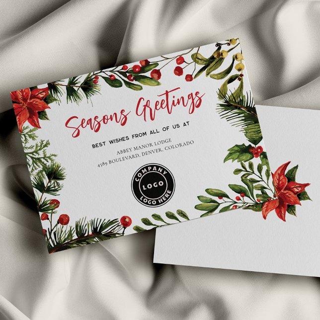 Cartes Pour Fêtes Annuelles Logo d'affaires Fêtes de Noël Entreprise (Red Berries Business Logo Poinsettia Christmas Script Corporate Holiday Card)