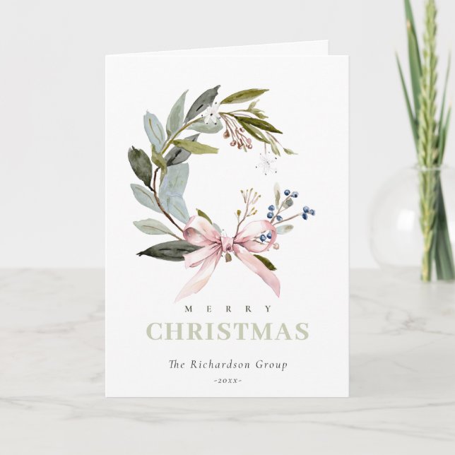 Cartes Pour Fêtes Annuelles Logo de l'entreprise Blush Green Winter Wreath (Devant)
