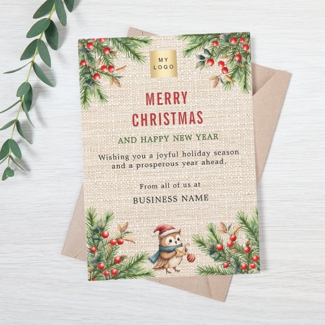 Cartes Pour Fêtes Annuelles Logo de l'entreprise burlap beige pin mignon hibou (Créateur téléchargé)