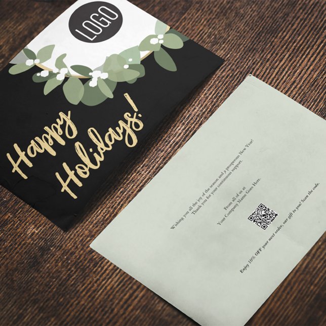 Cartes Pour Fêtes Annuelles Logo de l'entreprise Joyeux jours fériés coupon de (corporate custom logo Happy Holidays greeting card with QR code coupon code voucher)
