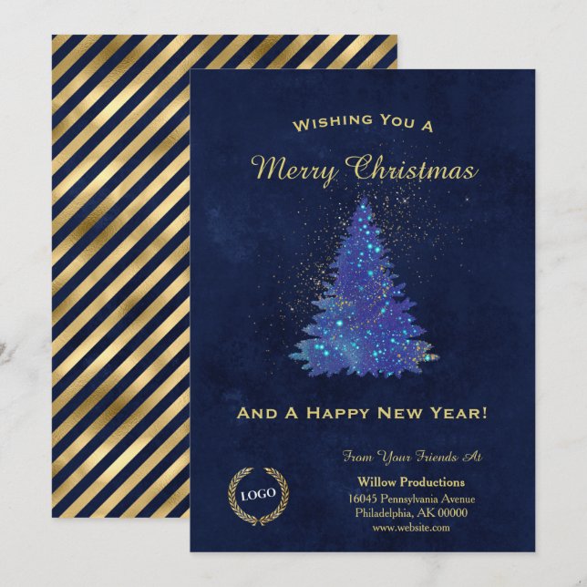 Cartes Pour Fêtes Annuelles Logo d'entreprise de l'arbre bleu de Noël (Devant / Derrière)