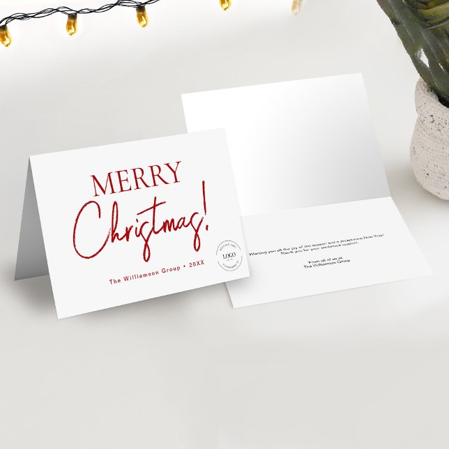 Cartes Pour Fêtes Annuelles Logo d'entreprise RED Script Joyeux Noël (5 x 7 holiday Merry Christmas script Business greeting thank you card with logo and message.)