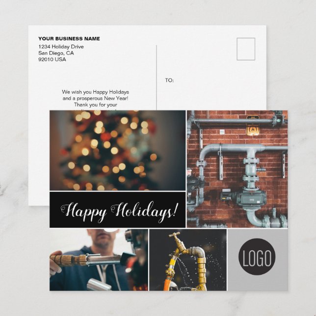 Cartes Pour Fêtes Annuelles Logo et photos d'entreprise de plomberie Happy Hol (Devant / Derrière)