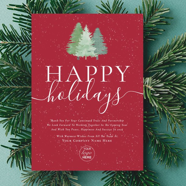 Cartes Pour Fêtes Annuelles Logo moderne Aquarelle Arbre de Noël Rouge Busines (Modern watercolor snowy woodland happy holidays company logo red business holiday card)