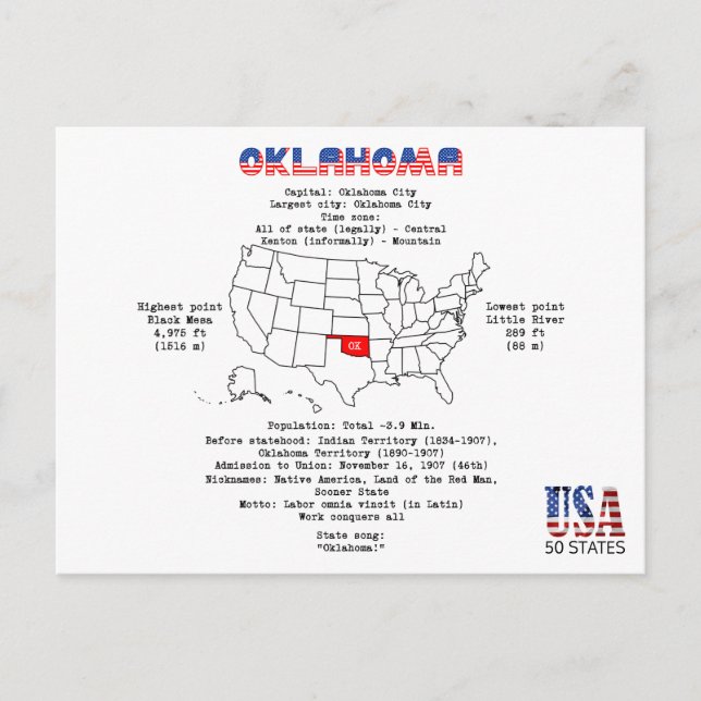 Cartes Pour Fêtes Annuelles L'Oklahoma. L'état des Etats-Unis d'Americ (Devant)