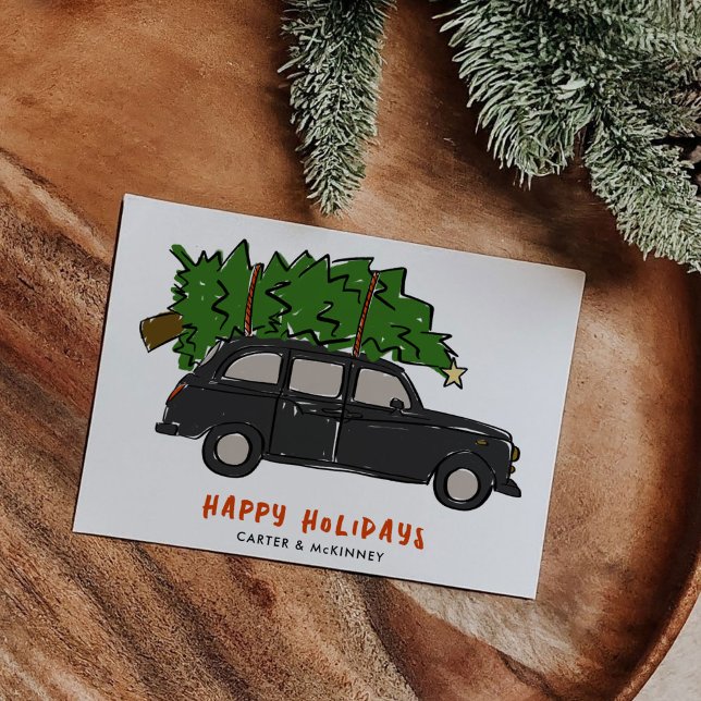 Cartes Pour Fêtes Annuelles London Black Cab Christmas Tree Taxi Business (London Black Cab Christmas Tree Taxi Illustrated Business Holiday Card)