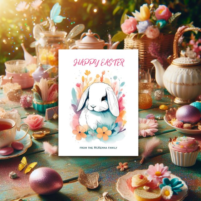 Cartes Pour Fêtes Annuelles Lop Ear Rabbit Fleurs de printemps Aquarelle Pâque (Créateur téléchargé)