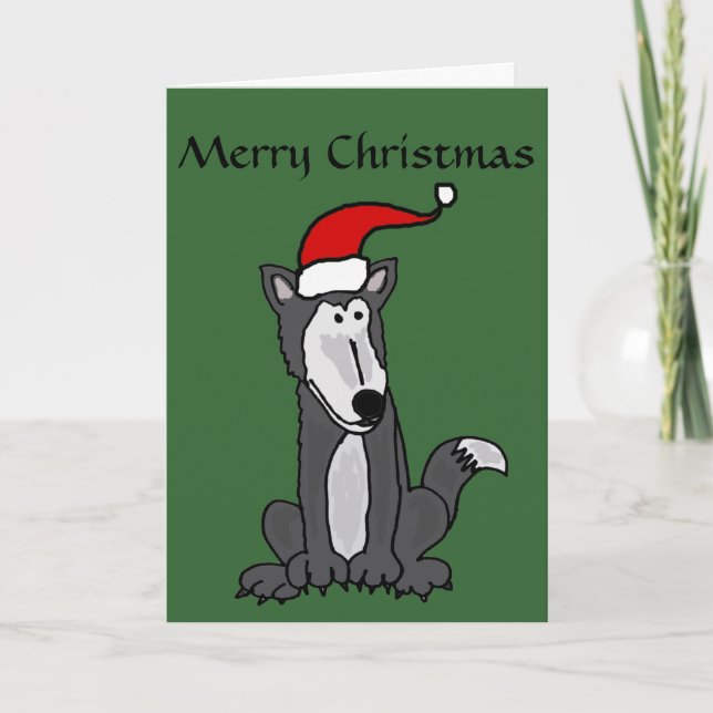 Cartes Pour Fêtes Annuelles Loup gris dans l'art de Santa Hat (Devant)